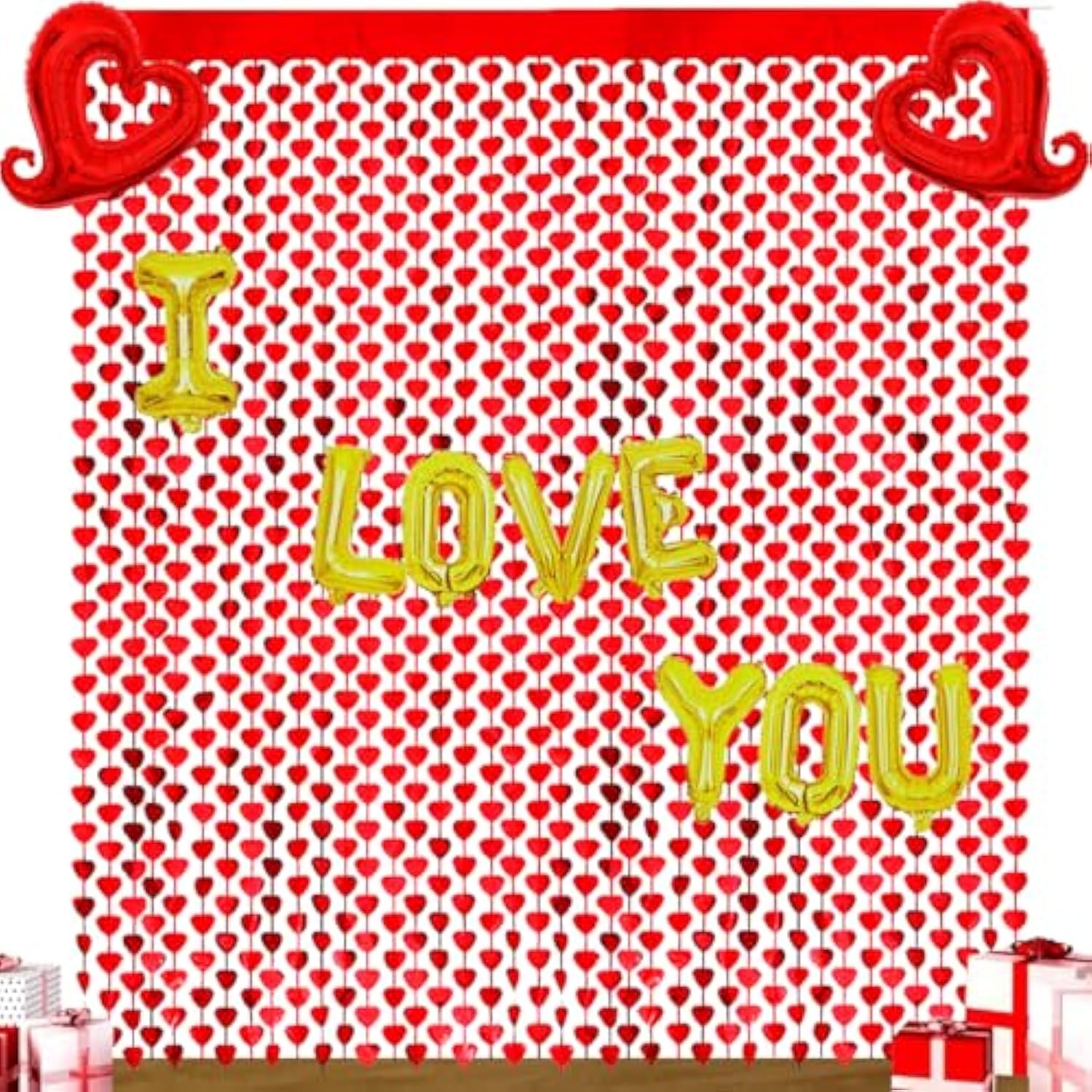 Valentine'S Day Foil Curtain Backdrop, 2 Pack Red Heart Shape Tinsel Fringe Curtain And I Love You Balloon,Valentines Day Photo Streamer For Valentines Day Wedding Engagement Birthday Party Decor
