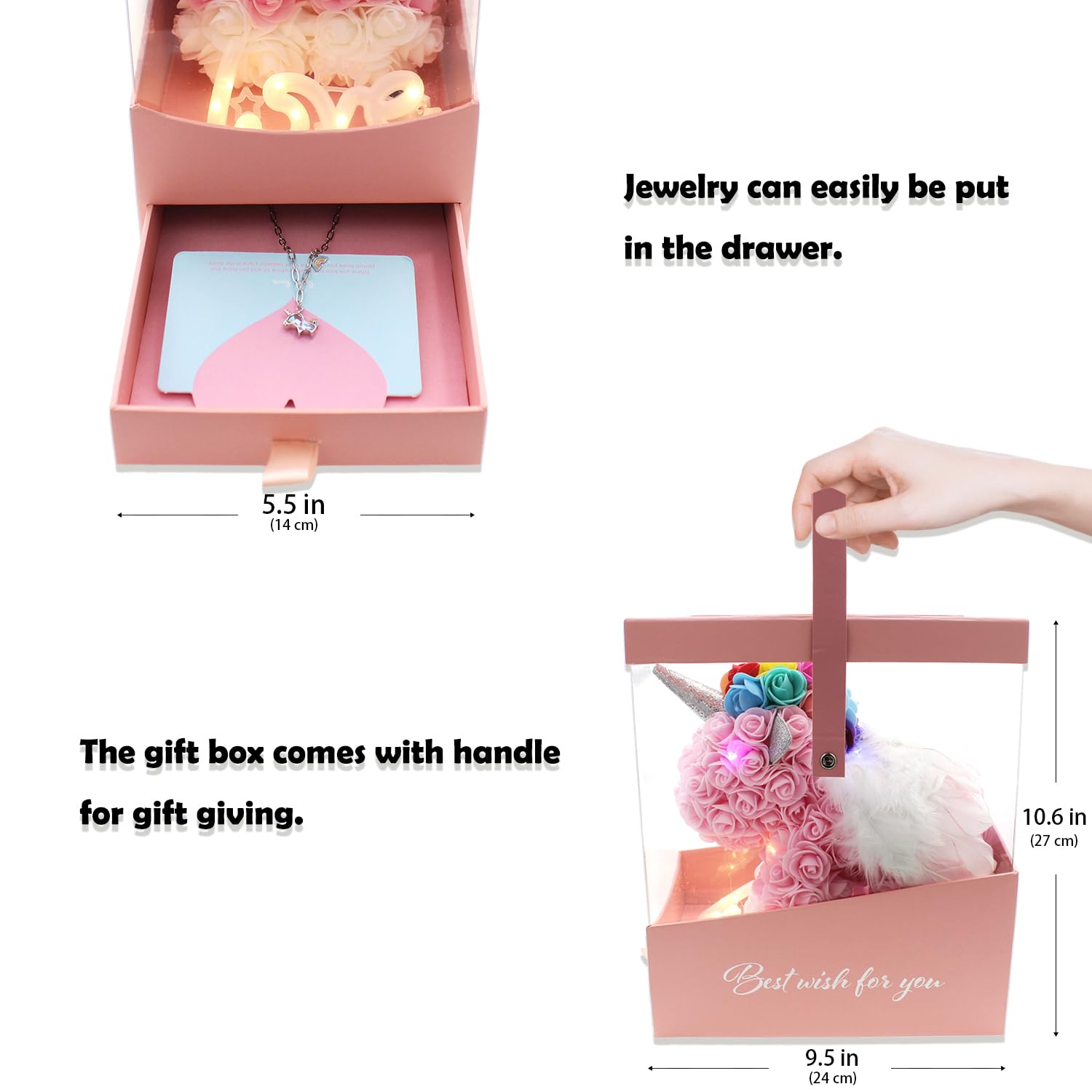 Rose Unicorn Party Favor Artificial Flowers Forever Gift Box Set For Her Girlfriend Children Kid Daughter Women Anniversary Christmas Valentines Birthday Mothers Day (Light Pink)
