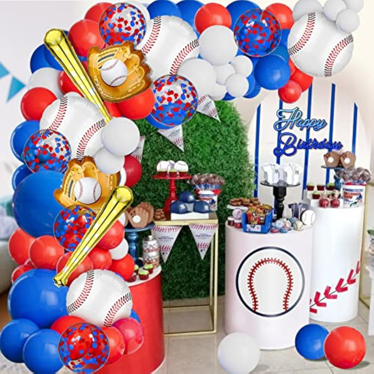 Baseball Balloon Garland Arch Kit Baseball Party Decorations With 113Pcs Red White Blue Confetti Latex Balloons Baseball Foil Balloons For Baseball Theme Birthday Party Supplies Baby Shower