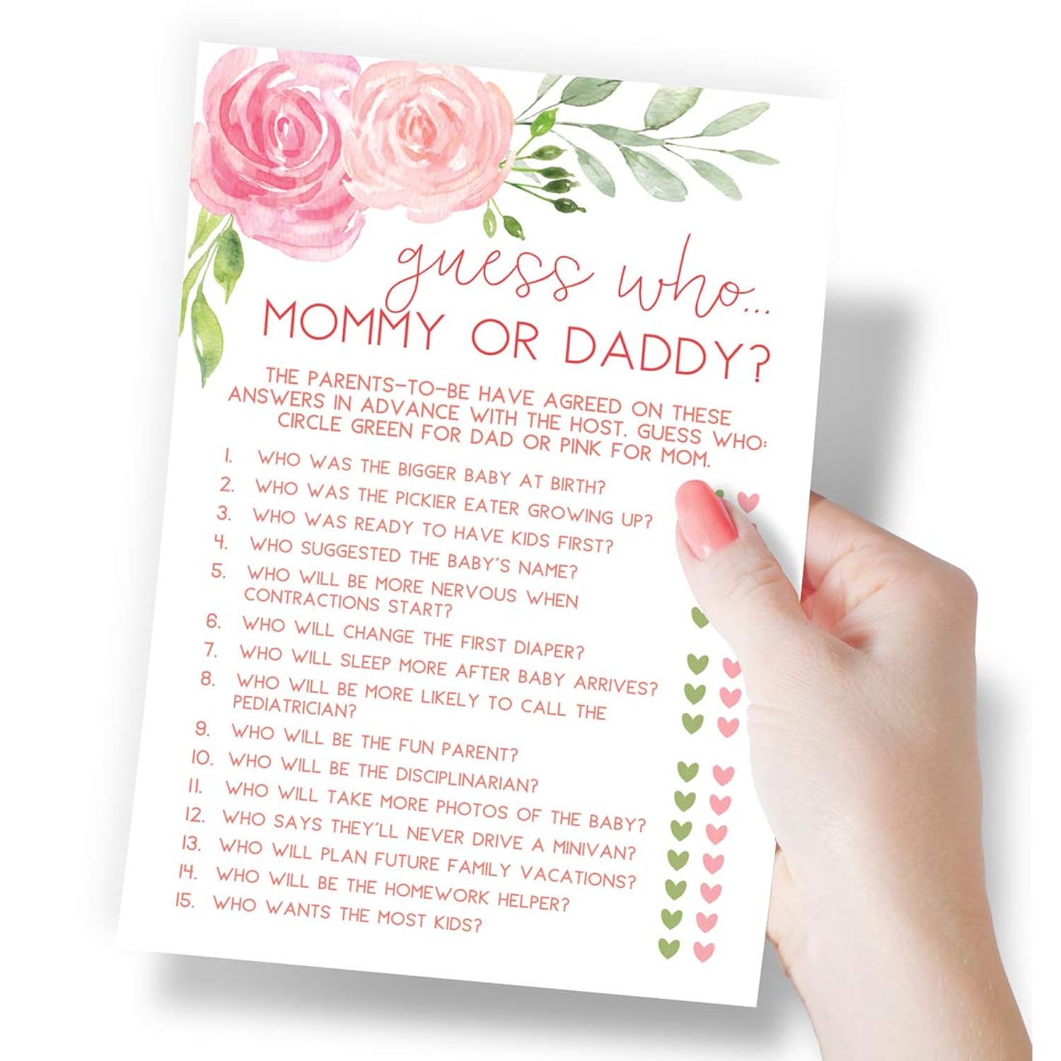 Baby Shower Game, Guess Who Mommy Or Daddy, Floral, 50 Cards