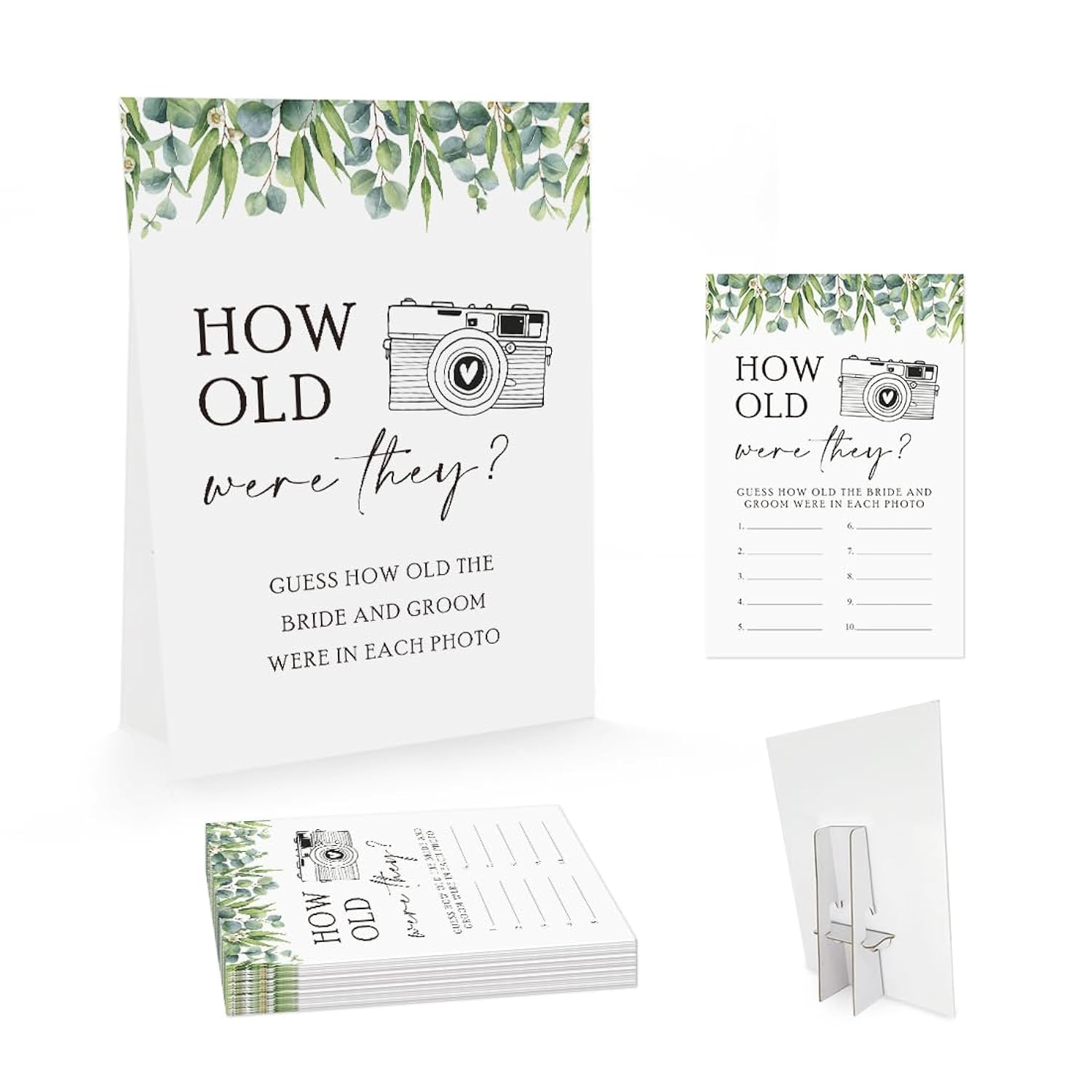Greenery How Old Were The Bride And Groom Game, Guessing The Age Photo Game, Bridal Shower Wedding Shower Games (1 Sign And 30 Cards)-Bng12