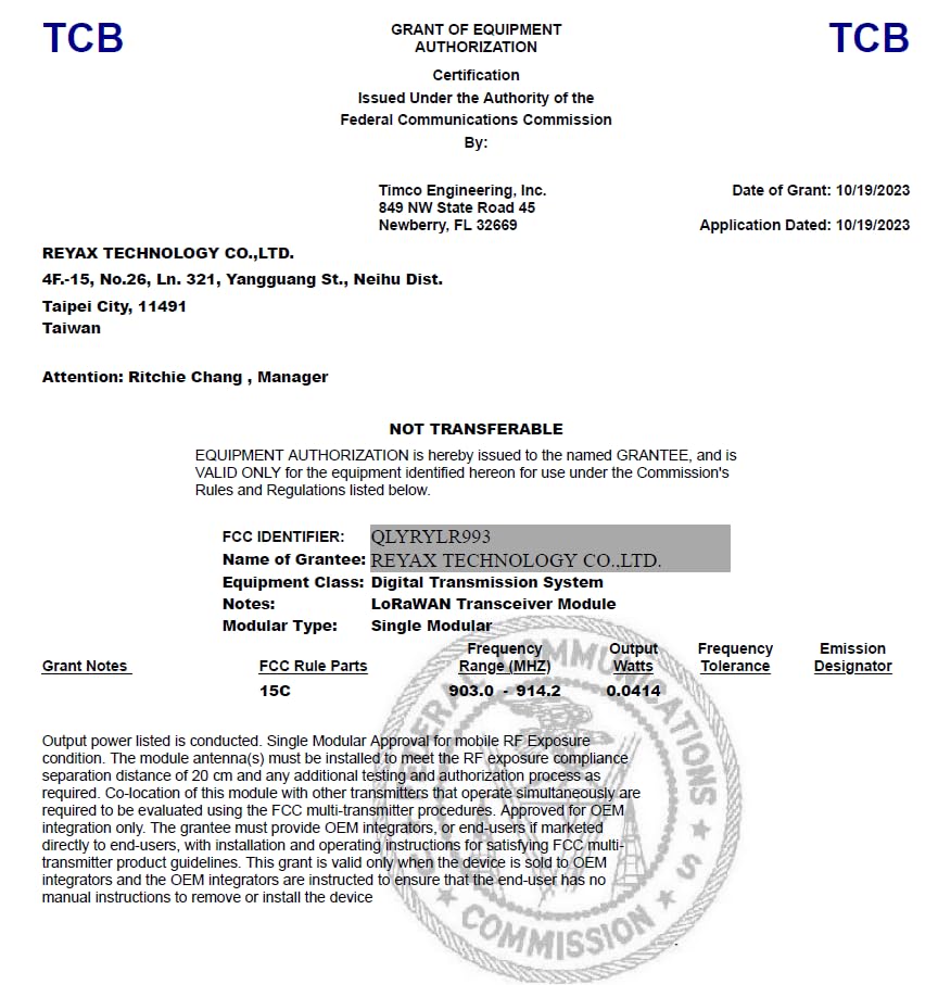 Rylr993_Lite Rylr993 868/915Mhz Lorawan & Proprietary Dual Mode Transceiver Antenna Module Long Distance! Fcc Ce Mic Ncc Certification