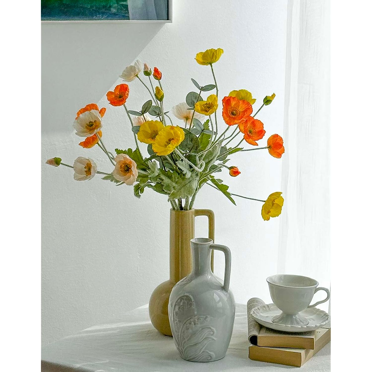 Poppy Artificial Flowers And Eucalyptus Stems, Fake Orange And Yellow Champagne Flowers, Silk Flowers Arrangement For Wedding Party Farmhouse Home Office Table Centerpieces Decoration