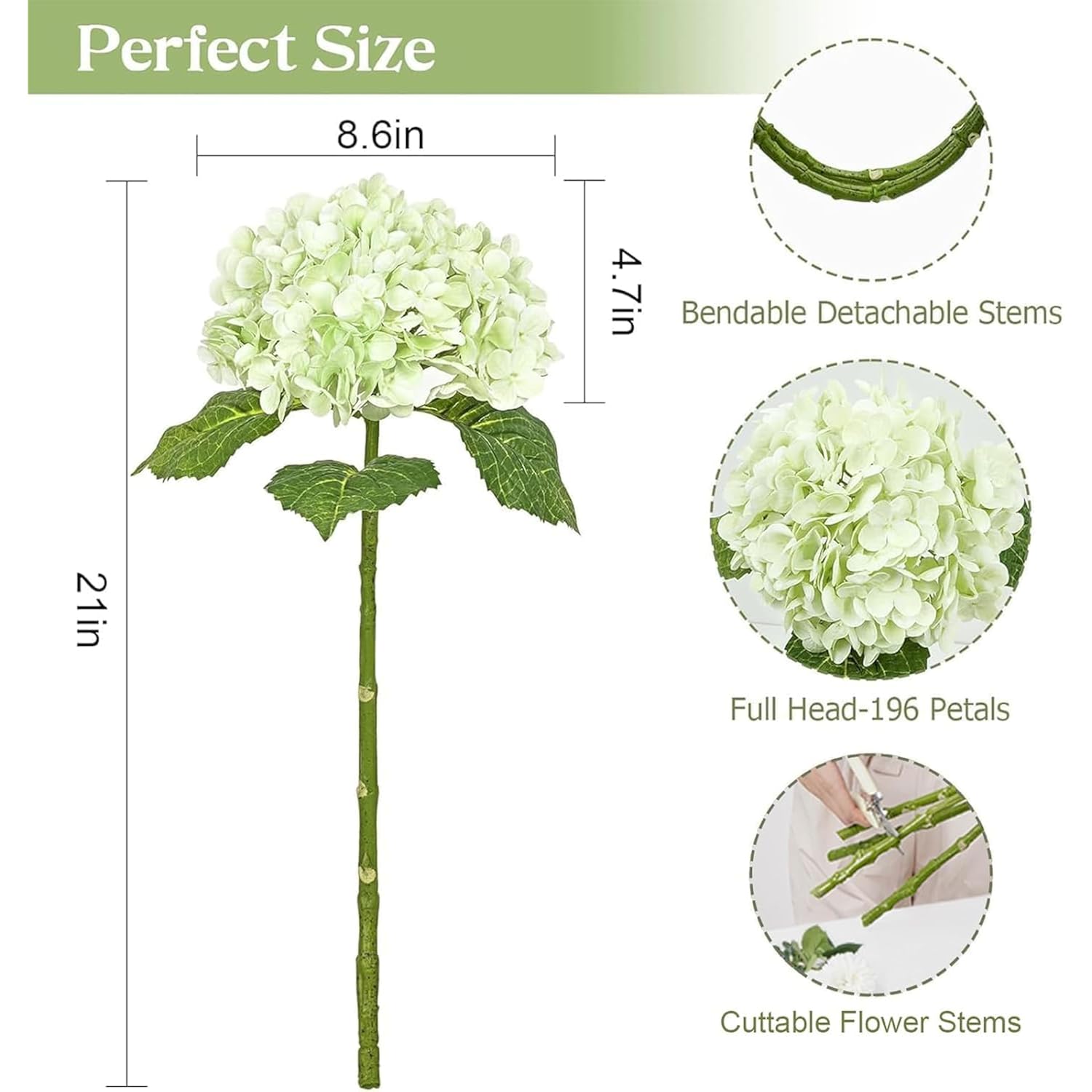 4 Pcs 21" Real Touch Green Hydrangea Artificial Flowers With Long Stem & Leaves, Full Latex Faux Hydrangea Flowers For Home Decor Party Floral Arrangements Wedding Bouquets Centerpieces