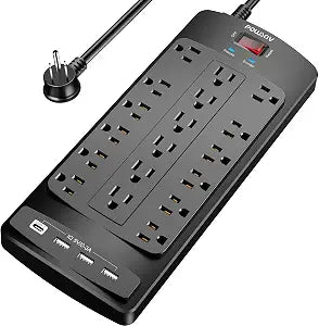 18 Outlet Surge Protector Power Strip 6FT Flat Plug Extension Cord 2100J 4 USB Ports Black