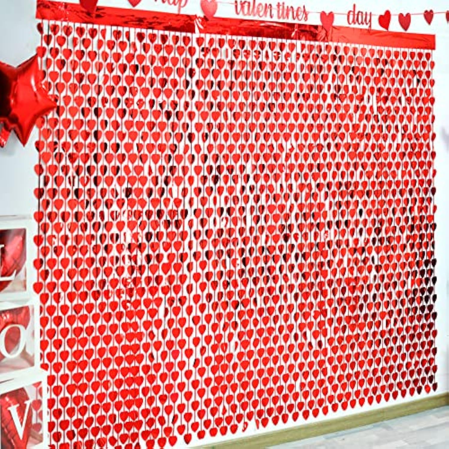 3 Pack Valentines Decorations,Valentines Party Decoration,3.3X6.6Ft Red Heart Shape Tinsel Foil Fringe Curtain Valentines Photo Backdrop,Streamer Backdrop For Birthday,Engagement,Wedding