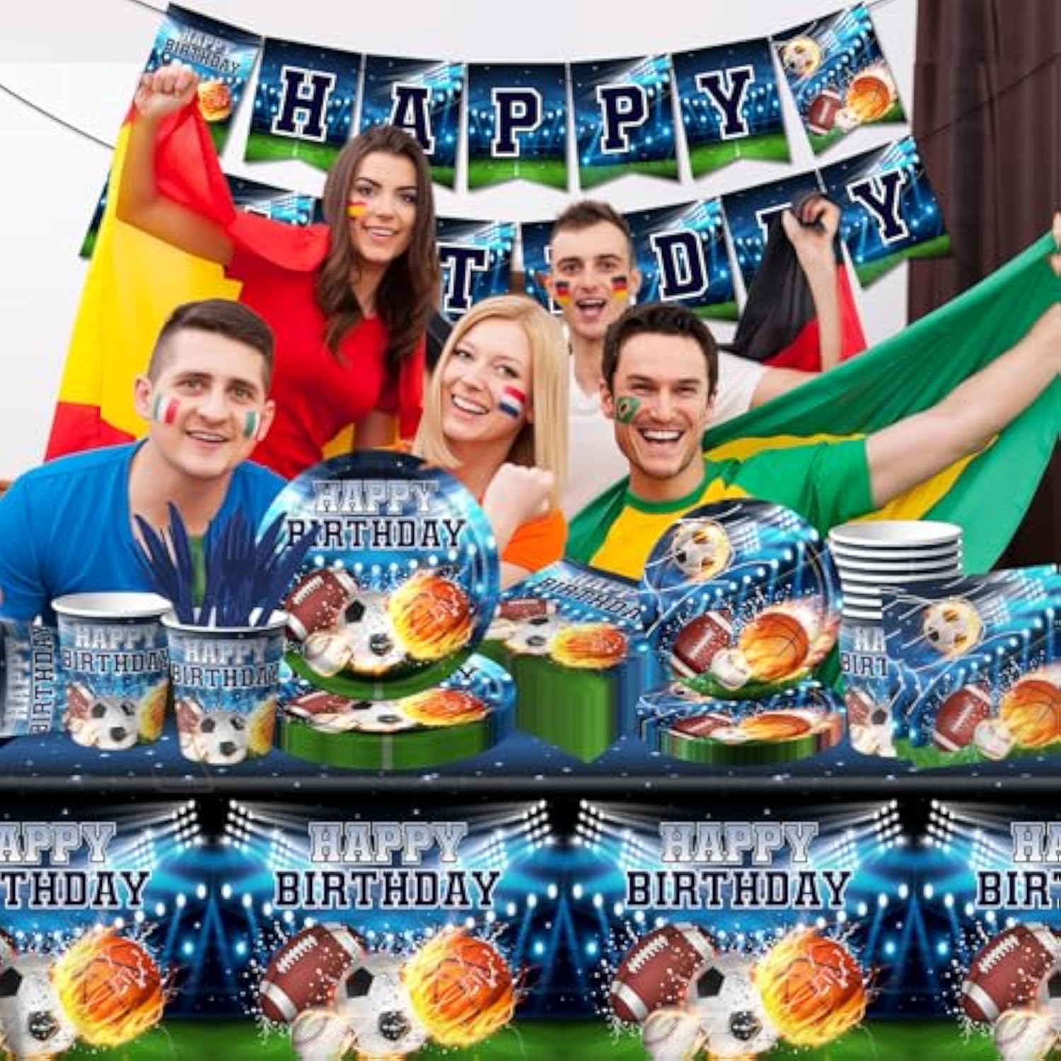 142Pcs Sports Party Supplies Set with Plates, Napkins, Tablecloth & Banner and All-Star Theme