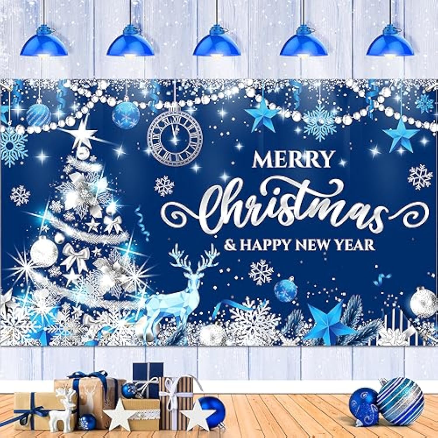 Blue Merry Christmas & New Year Decoration - Xmas Photo & Party Backdrop - Snowflake Banner - Tree & Holiday Party Supply