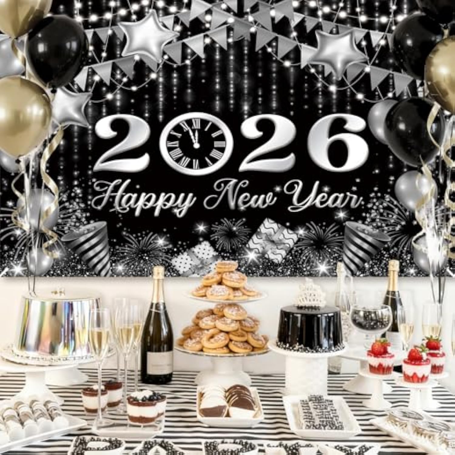 Black Silver Happy New Year Backdrop 6x3.6ft Gold Bokeh Balloons 2026