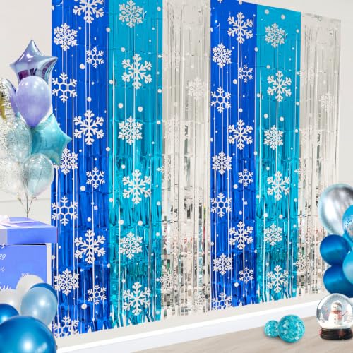 Frozen Birthday Party Decorations 2 Pack Christmas Foil Fringe Curtains 3.3 X 6.6ft Silver Blue Snowflake Tinsel Streamers Photo Backdrop for Christmas Winter Wonderland Decorations