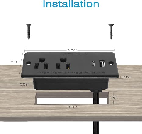Recessed Furniture Power Strip Flush Mount Desk Outlet with 20W USB-C and 6 ft Cord