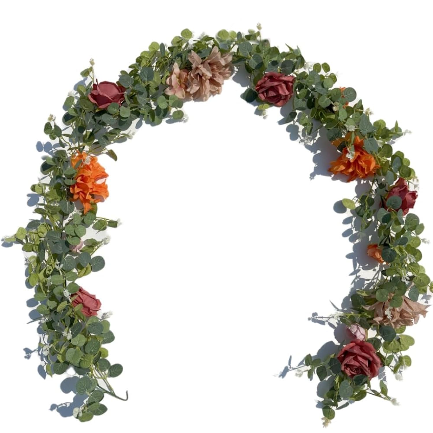 Artificial Flower Garland?6.5Ft Fake Dahlia Rose Floral Eucalyptus Greenery Garland Vine For Wedding Arch?Table Runner Centerpieces Backdrop Room Wall Hanging Plant Decor?Orange?
