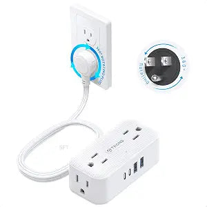 Rotating Flat Plug Surge Protector Power Strip 4 Outlets 4 USB Ports 2 USB C 5FT White