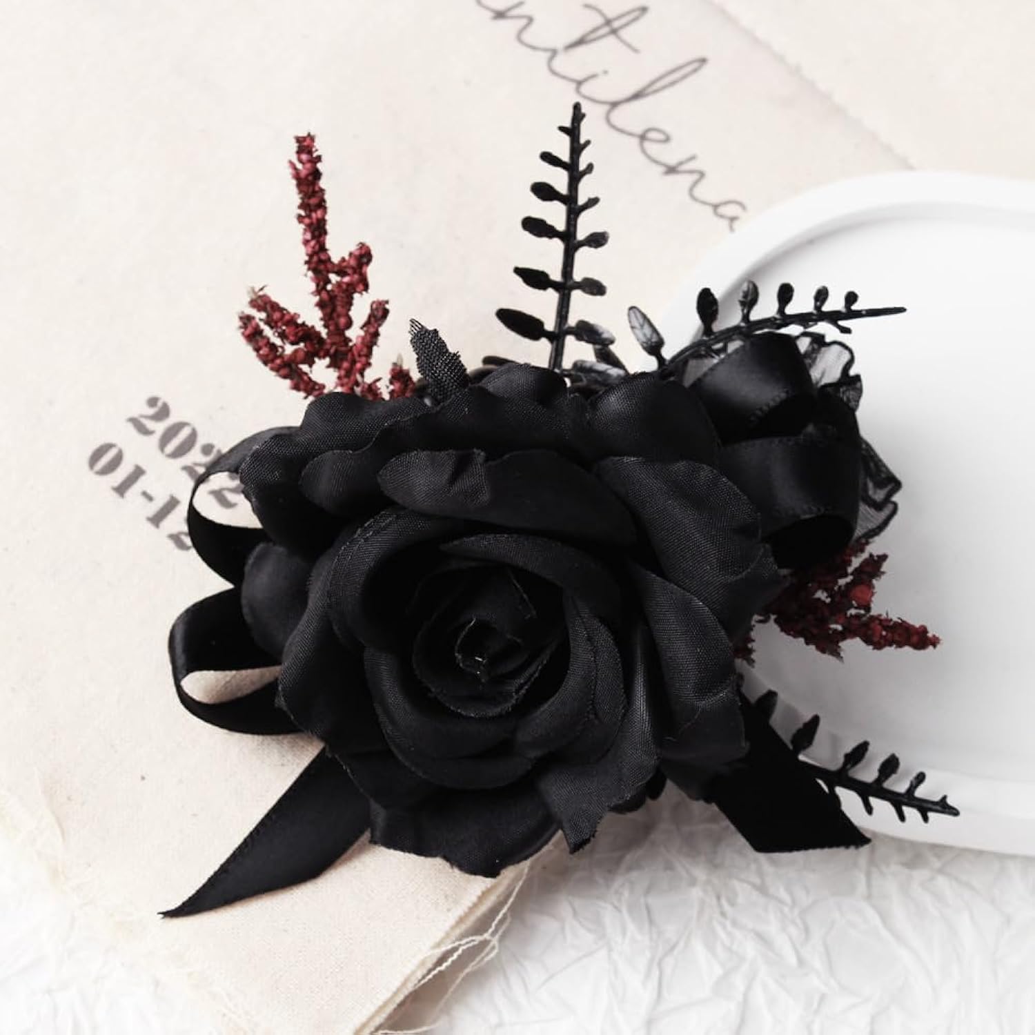 Black Wrist Corsage And Boutonniere Set For Wedding Artificial Flower Accessories Prom Party Decoration (Black)