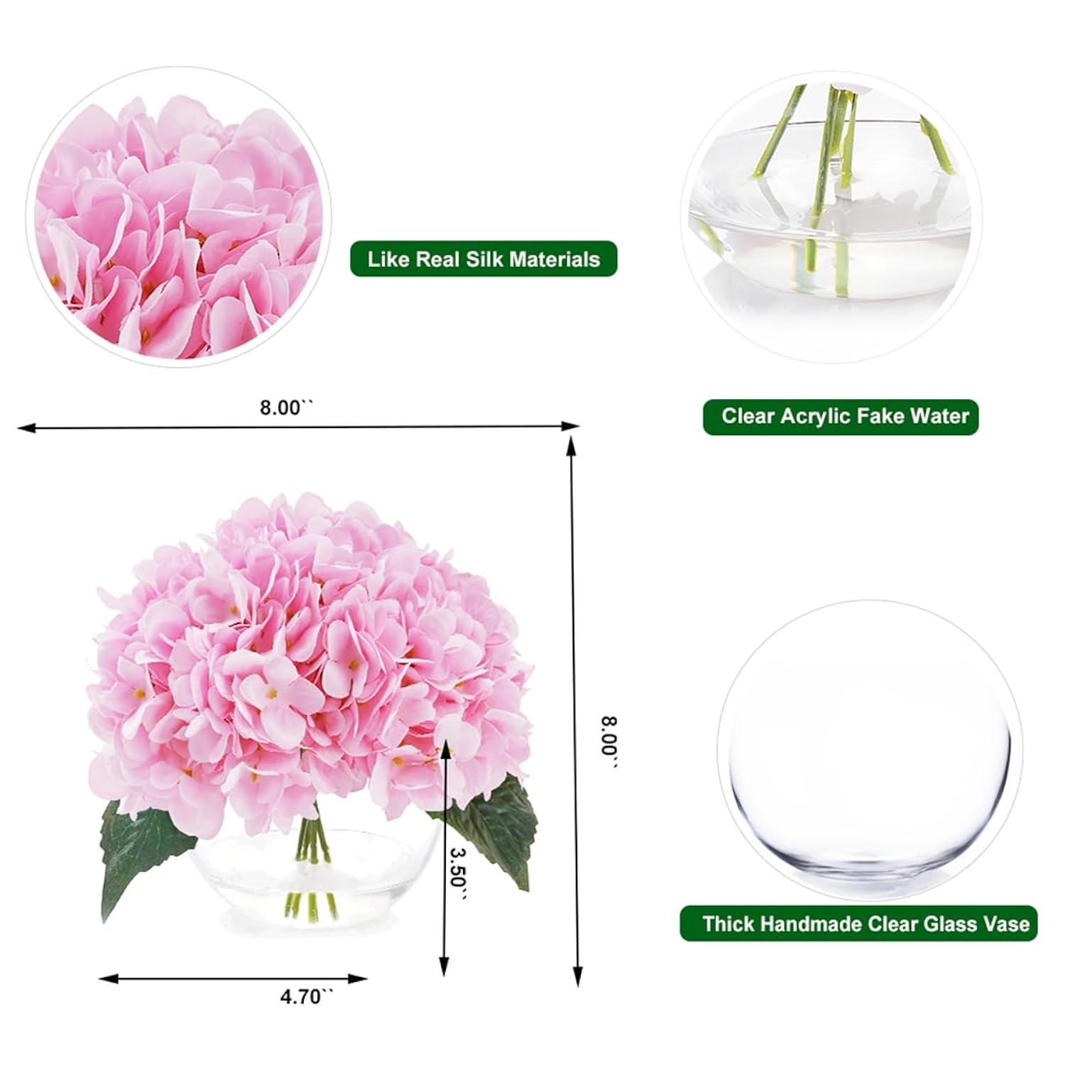 Hydrangea Artificial Flowers With Vase Blue Silk Fake Flowers Arrangements In Glass Vase With Faux Water For Home Decor Indoor (Pink)