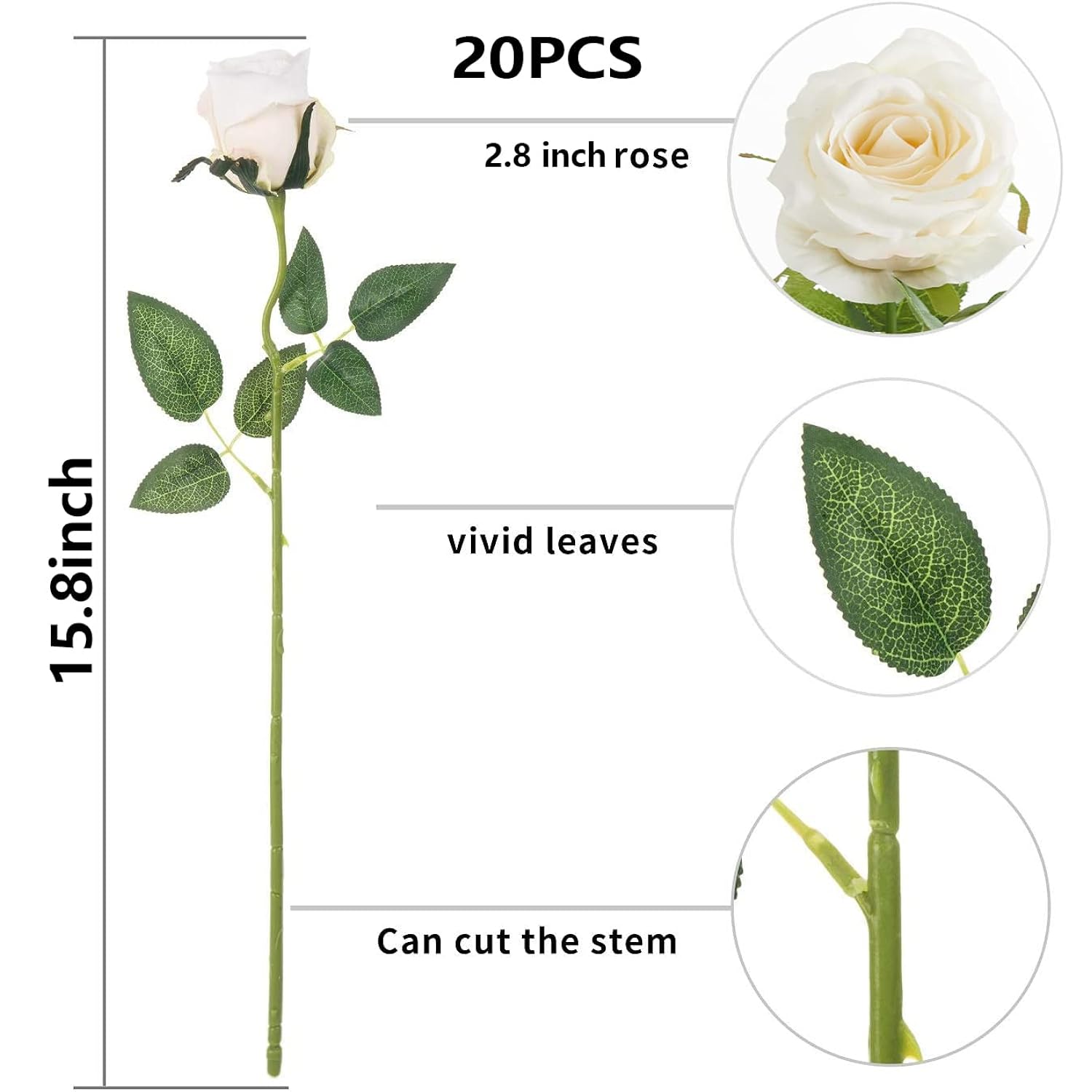 20Pcs Artificial Flowers, Silk Flower Realistic Roses Bouquet Long Stem For Home Decor Wedding Decoration