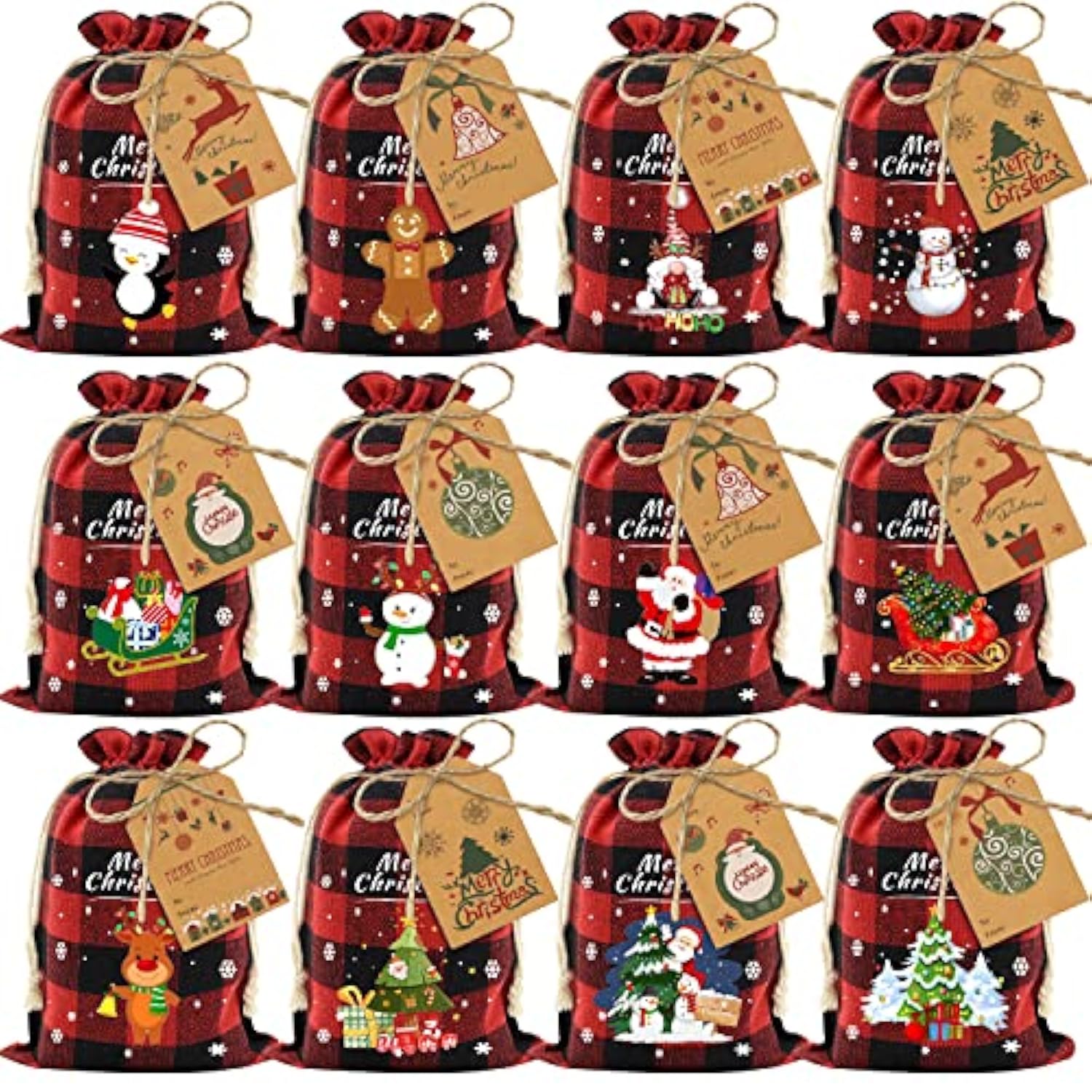 36Pcs Cotton Medium Christmas Drawstring Candy Treat Bags Buffalo Plaid Xmas Xmas Christmas Fabric Goody Gift Sacks Reusable Gift Wrapping Bags Holiday Party Favors - Red/Black