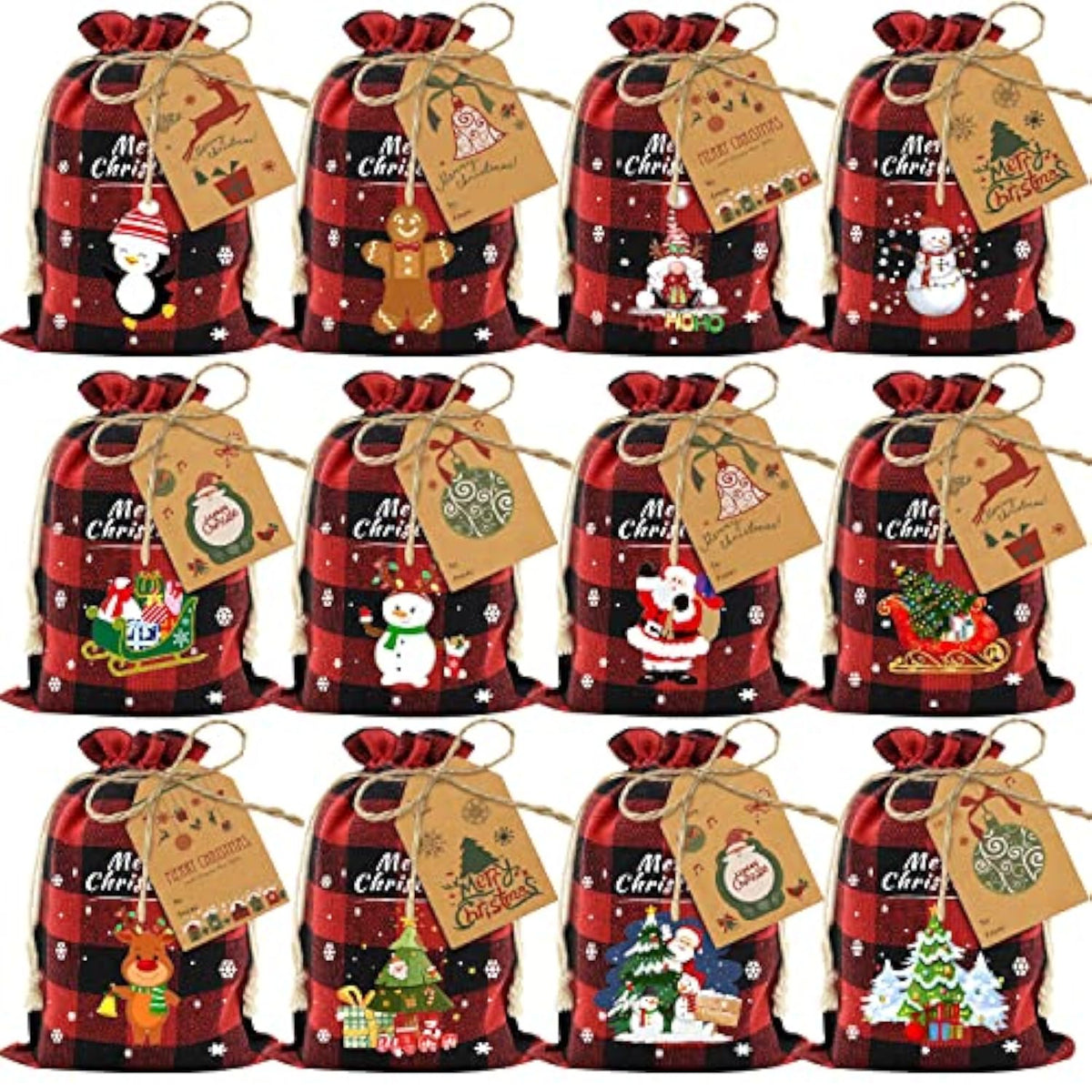 36Pcs Cotton Medium Christmas Drawstring Candy Treat Bags Buffalo Plaid Xmas Xmas Christmas Fabric Goody Gift Sacks Reusable Gift Wrapping Bags Holiday Party Favors - Red/Black