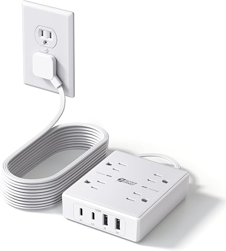 Surge Protector Power Strip 4 Outlets 4 USB Ports 2 USB C 10FT Flat Extension Cord White