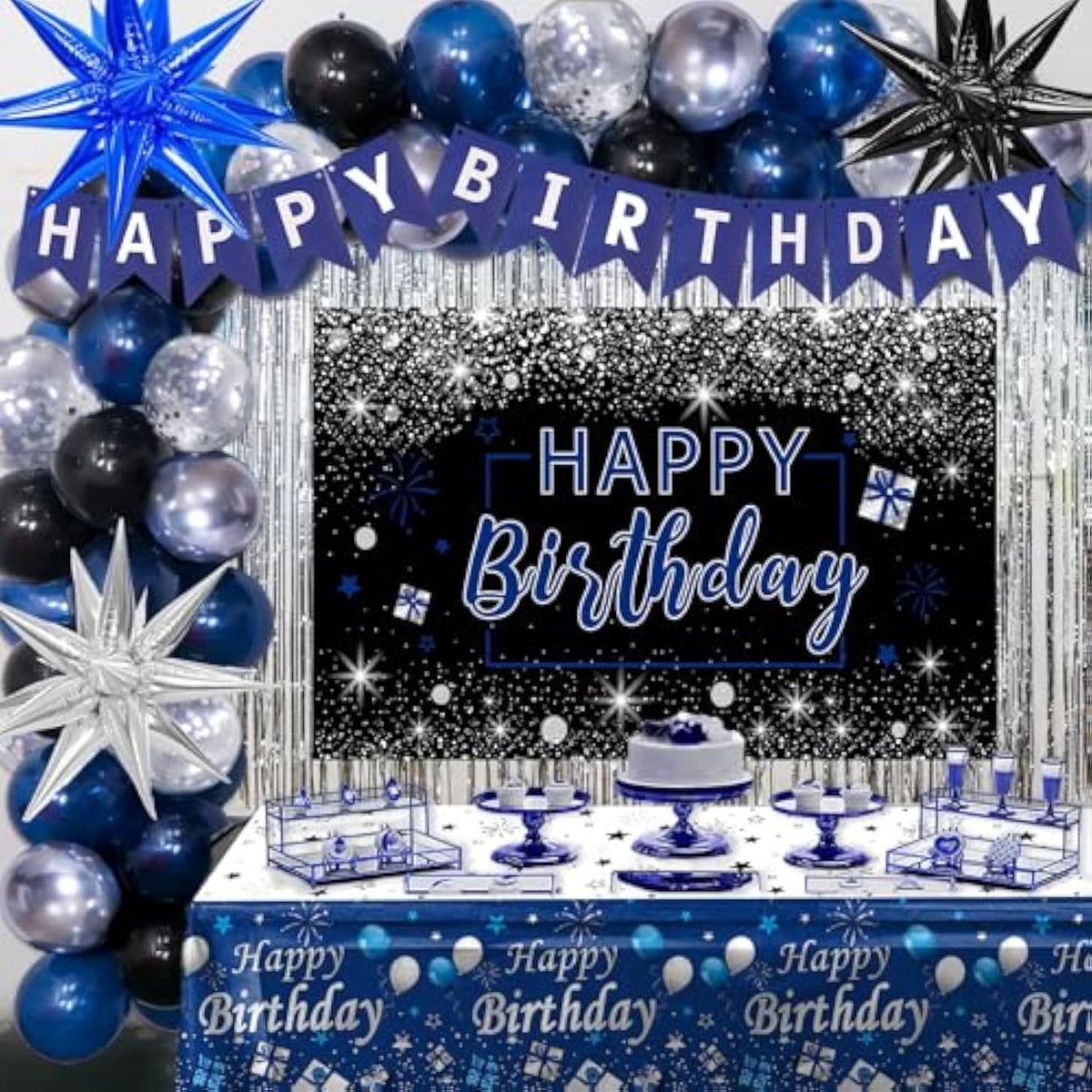 Blue And Black Birthday Decorations For Men Women, Happy Birthday Decorations For Boys Girls Silver Blue Party Decorations Backdrop Tablecloth Confetti Balloons Arch Kit Fringe Curtains Table Cover
