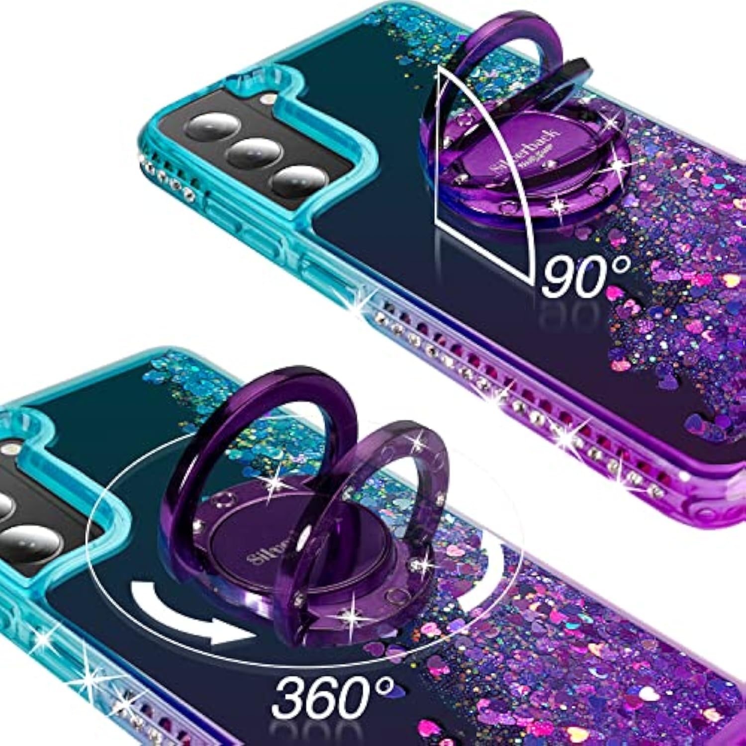For Samsung Galaxy S22 Case, Moving Liquid Holographic Sparkle Glitter Case With Kickstand, Girls Women Bling Diamond Ring Slim Protective Case For Galaxy S22 5G Purple