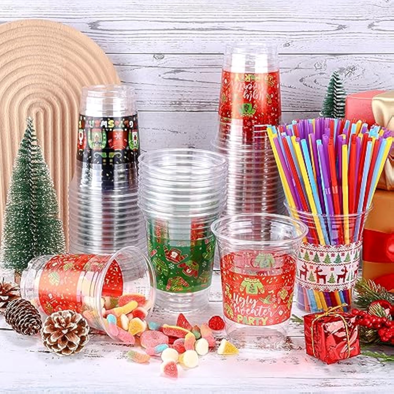 120 Pieces Christmas Sweater Plastic Cups 16 Oz Christmas Disposable Plastic Cups Xmas Tree Santa Reindeer Snow Drinking Cups For Christmas Party Supplies, Merry Christmas Party Decorations