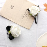 Wrist Corsage Rose Corsage And Boutonniere Set For Bride Groom Wedding Prom Party Hand Flower Decoration Set Of 2 (Black & White)