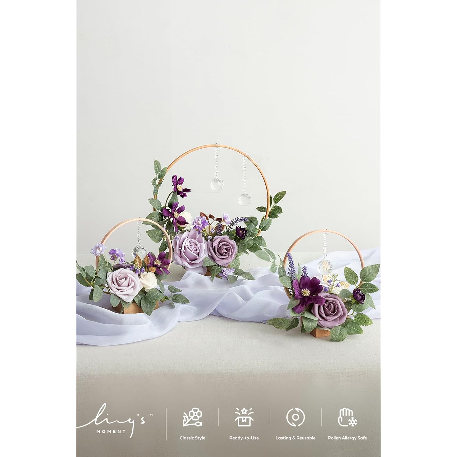 Crystal Wooden Hoop Wreath Floral Centerpieces For Sweetheart Table, Head Table, Ceremony Reception Artificial Flowers Decorations, Assemble Required - Lilac & Gold