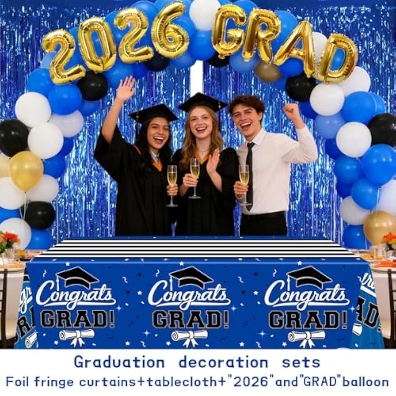 7-Pack Graduation Party Decorations Kit: 3 Blue Graduation Tablecloths (54"X108") + 2 Foil Balloons (2026 & Grad) + 2 Matching Foil Backdrop Curtains, Leakproof & Sturdy