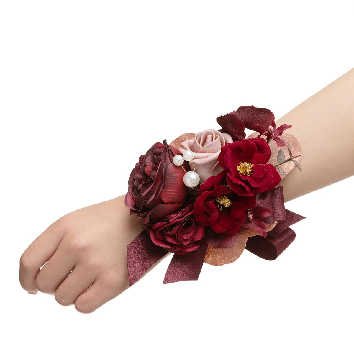 6Pcs Wedding Wrist Corsage Artificial Flowers, Girl/Mother Homecoming Prom Corsages Wristlet Décor, Etc. Burgundy Dusty Rose