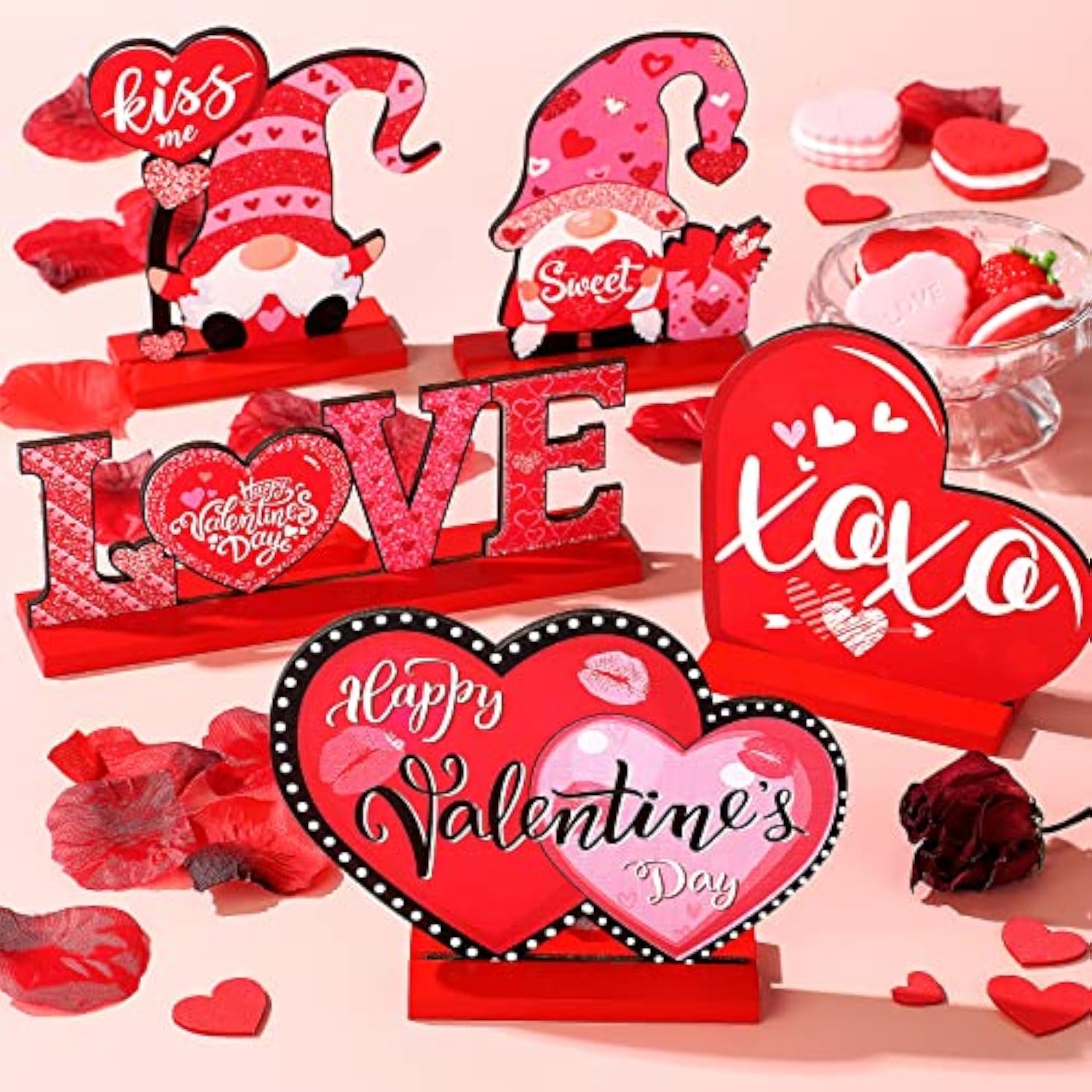 5 Pcs Valentine'S Day Wooden Table Sign Decoration Freestanding Table Centerpiece Sign Romantic Love Heart Shape Home Decor Tiered Tray Wood Gnome Valentines Day Accessories(Red)