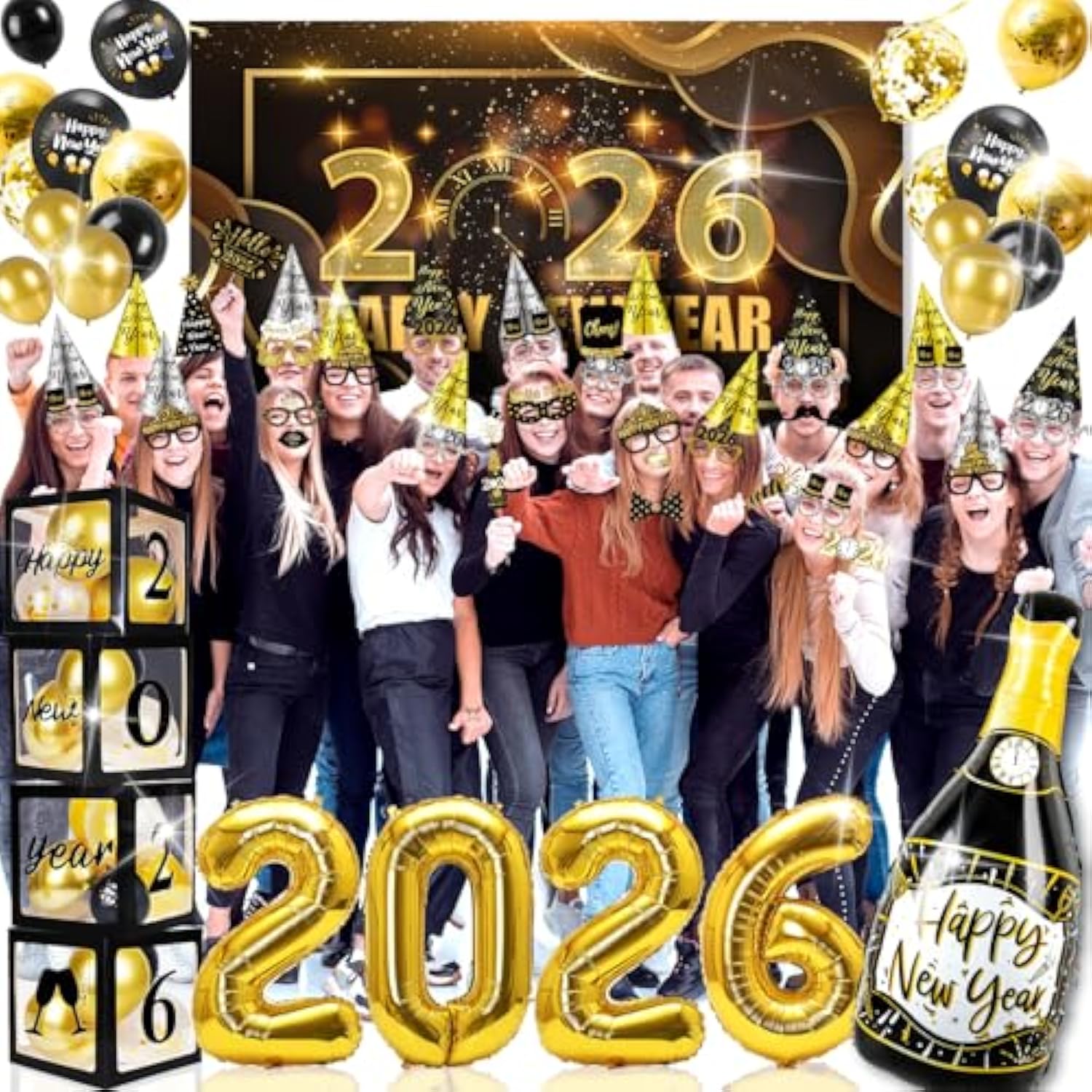 New Year’s Eve 2026 Party Supplies Kit for 100 Guests Balloons Hats Glasses Props
