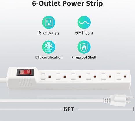 2 Pack Surge Protector Power Strip 6 Outlets 6 Ft Cord 15A 1875W Wall Mount