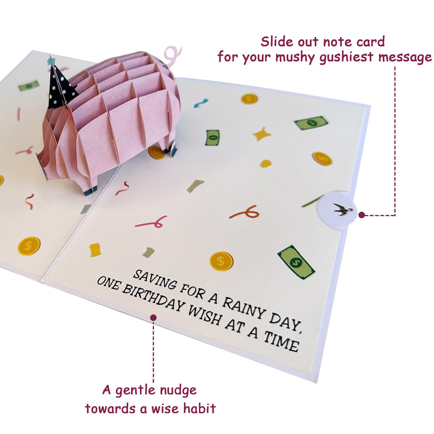 3D Birthday Card, Piggy Bank Money Holder For Cash Gift Birthday, Fun Money Card For Kids And Adults, Animal Pop-Up Card, With Envelope And Removable Note Card