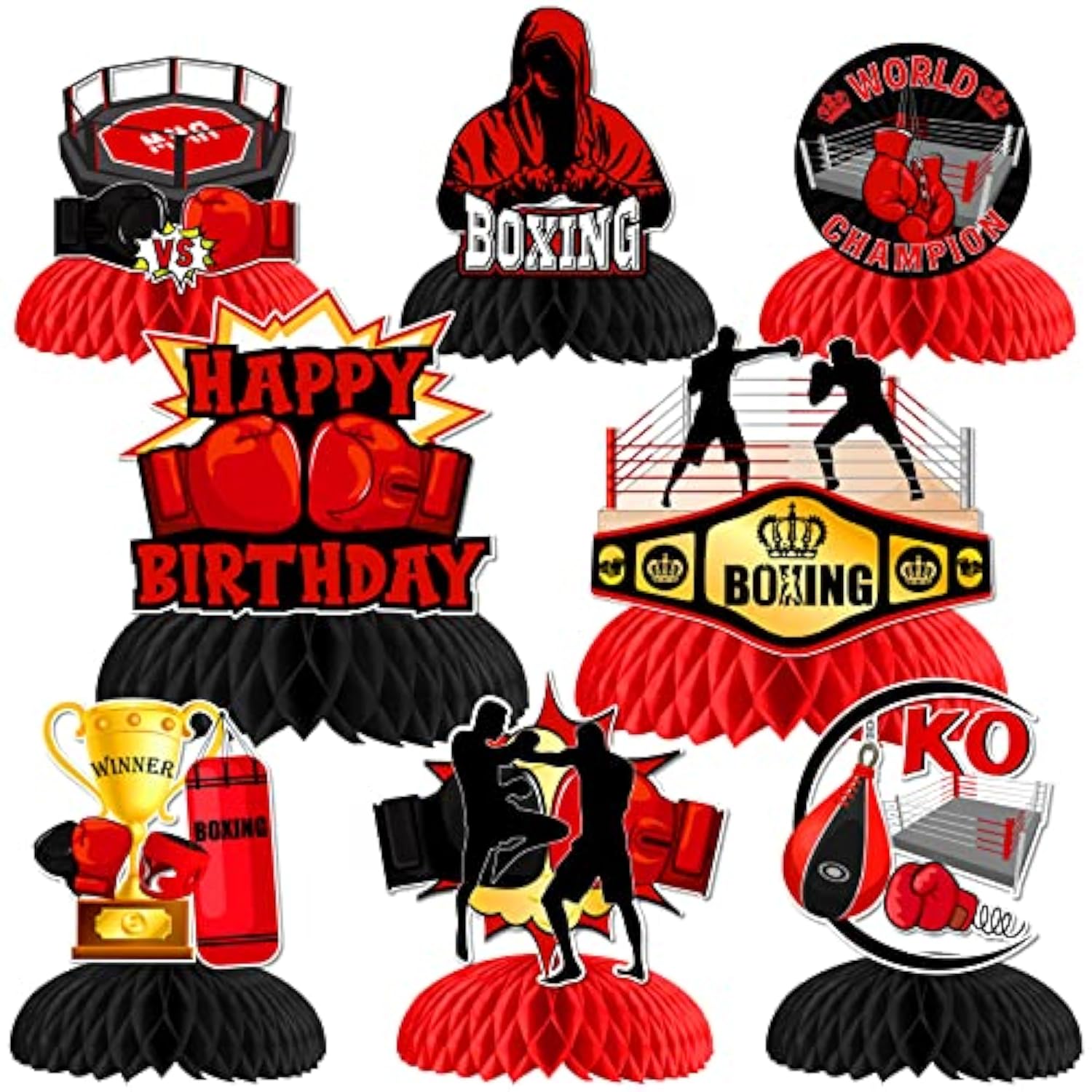 8 Pieces Boxing Birthday Honeycomb Centerpieces - Boxing Match Birthday Party Decorations Red Black Gold, Boxer Gloves Platform Table Decor For Wrestle Fitness Fight Sports Party