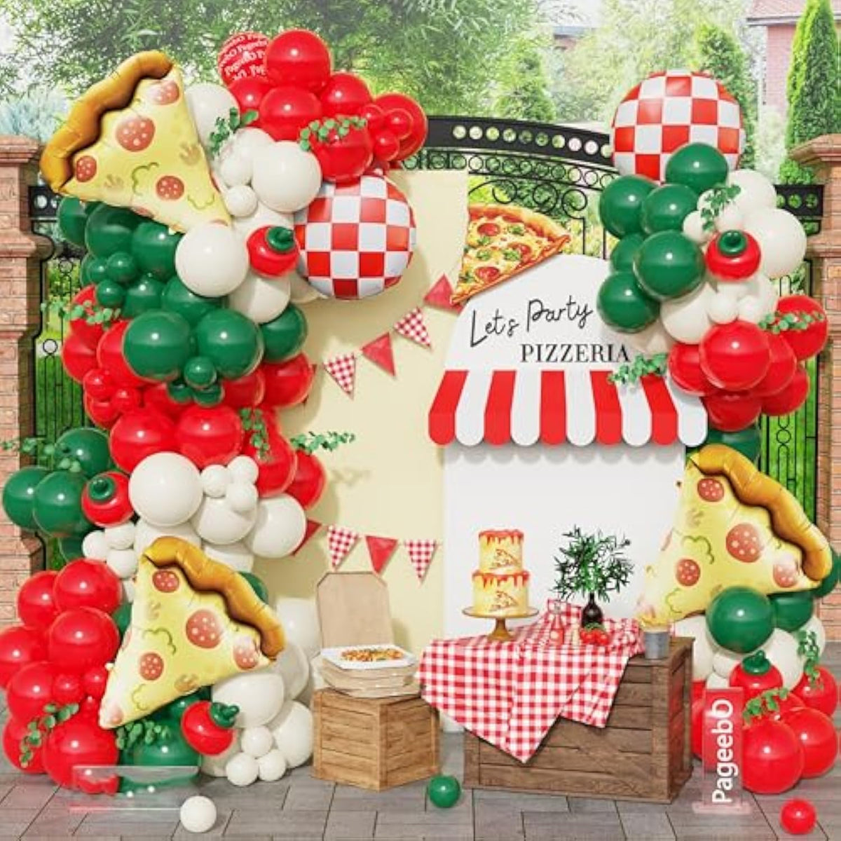 Pizza Party Balloon Arch Kit: Red, Green & Checkered Balloons