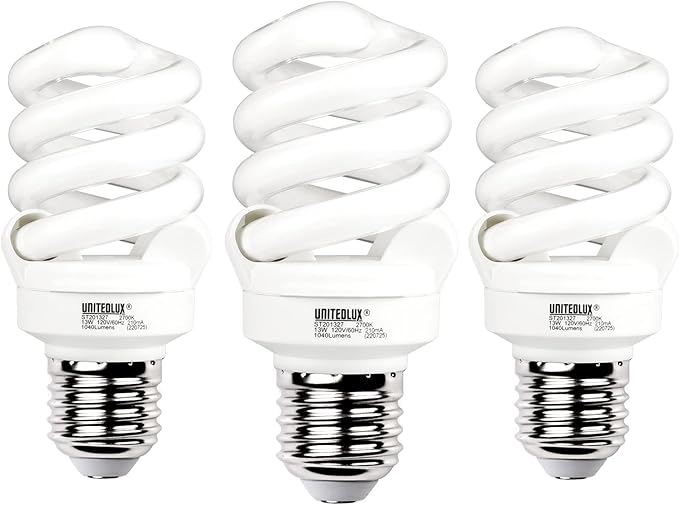 E26 Spiral CFL Light Bulbs 13W 60W Equivalent 2700K Soft White 1040 Lumens Non-Dimmable 3 Pack