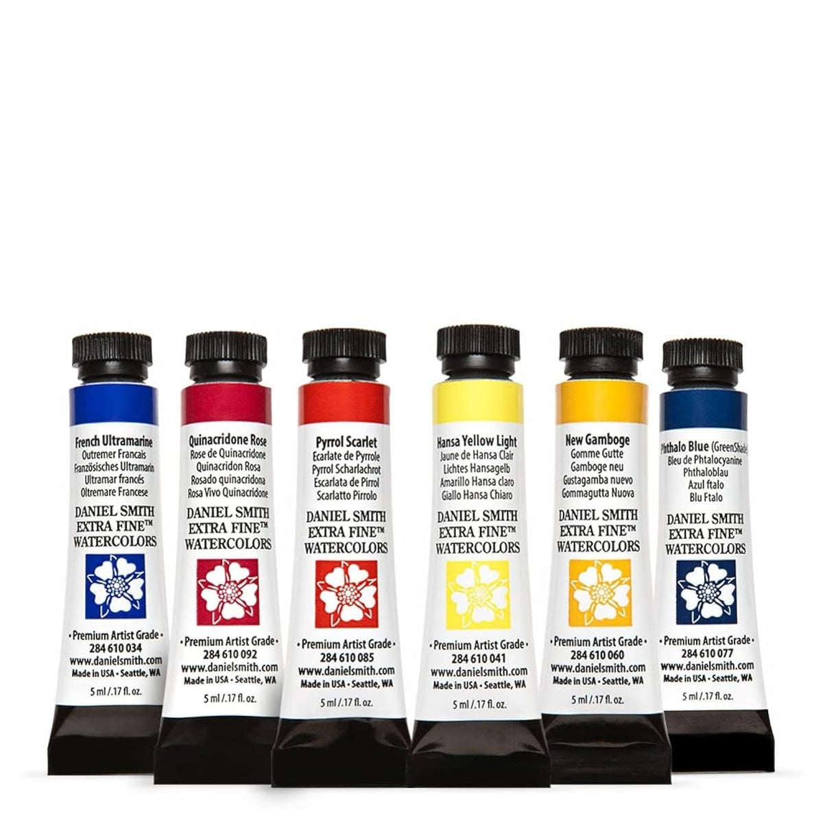 DANIEL SMITH 285610005 Extra Fine Essentials Introductory Watercolor, 6 Tubes, 5ml, Blue/Transparent/Yellow, 0.17 Fl Oz (Pack of 6)