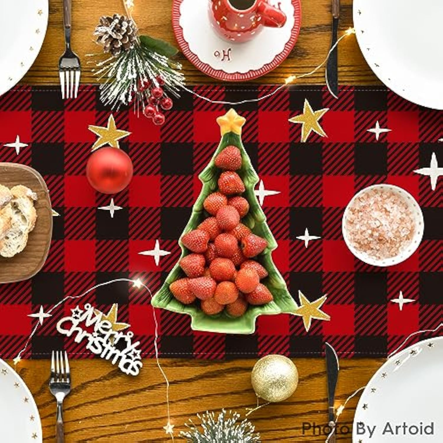 Buffalo Plaid Kogiya Shepherd Christmas Table Runner, Winter O Holy Night Xmas Kitchen Dining Table Decoration For Home Party Decor 13X72 Inch