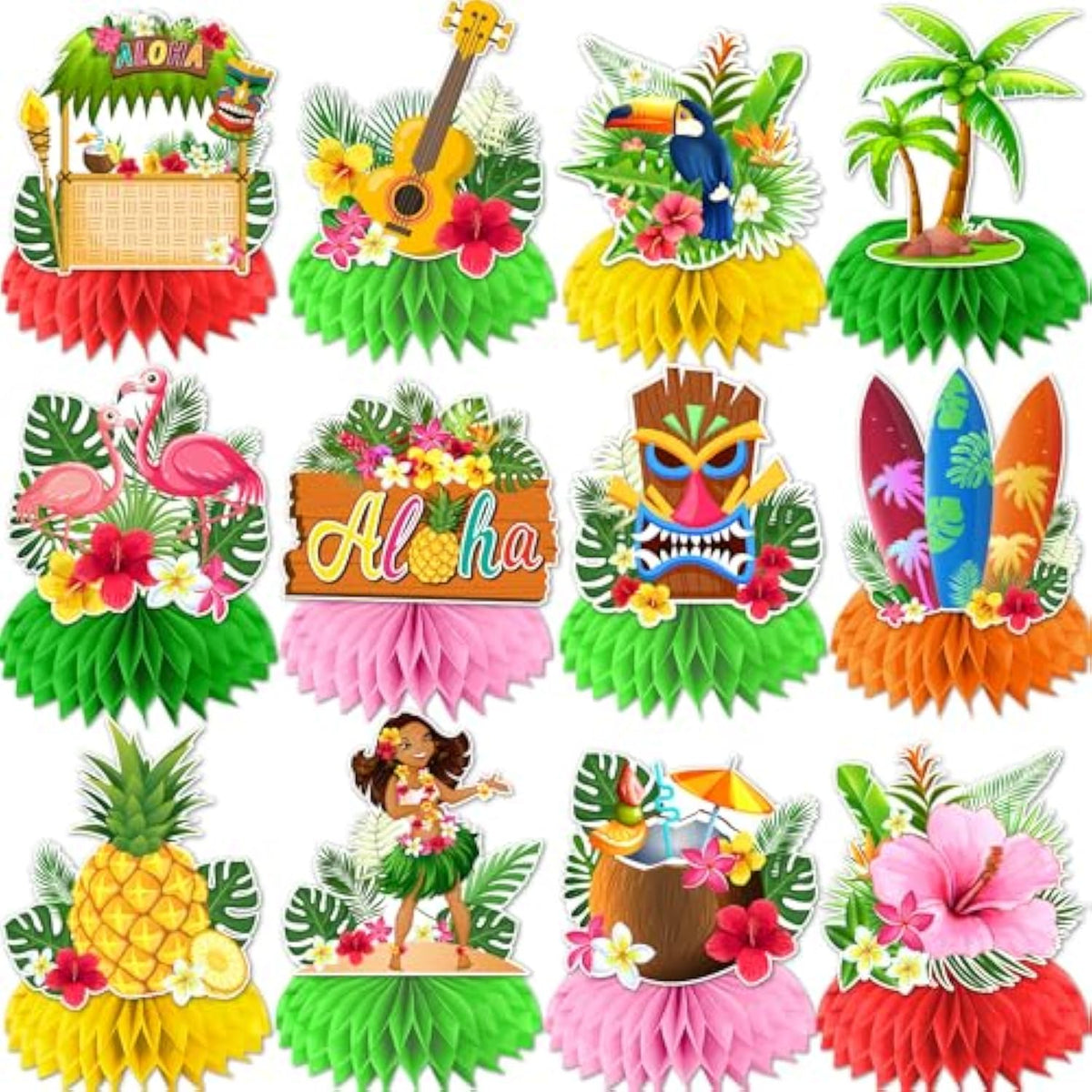 12 Pcs Luau Party Decorations Honeycomb Centerpieces, Hawaiian Party Decorations Luau Centerpieces For Tables, Hawaii Luau Table Decorations, Tropical Party Decorations Hawaiian Centerpiece