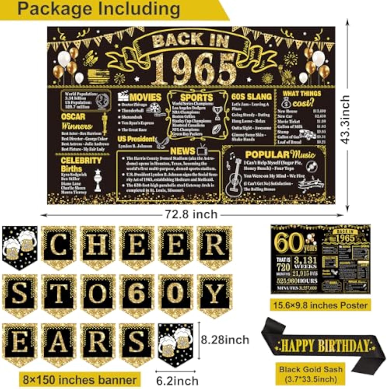 60Th Birthday Decorations For Men Women,24Pcs 1965 Banner Decorations,Including Banner,6 Honeycomb Topper,60 Balloons,Cheers To 60 Years Banner,7 Hanging Swirl,6 Paper Poms,Anniversary Card,Sash
