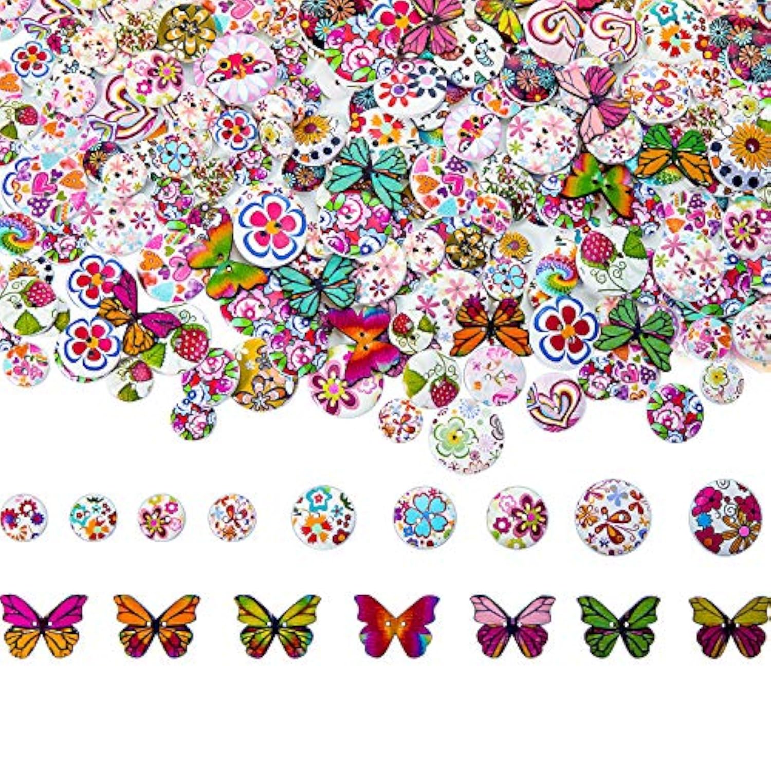 250 Pieces Wooden Buttons Flower Butterfly Mixed Button Vintage Painti