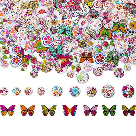 250 Pieces Wooden Buttons Flower Butterfly Mixed Button Vintage Painti