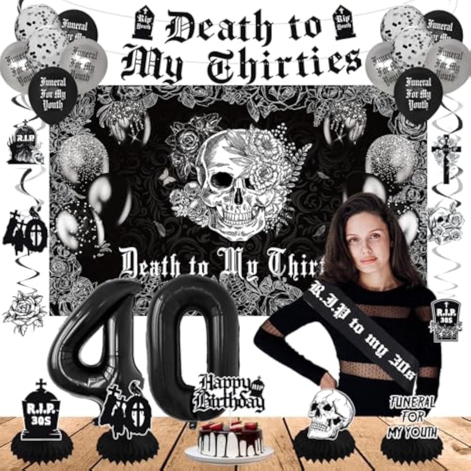 Death to My 30s Decor Backdrop Banner Swirls Sash Cake Topper Balloons for 40th Party