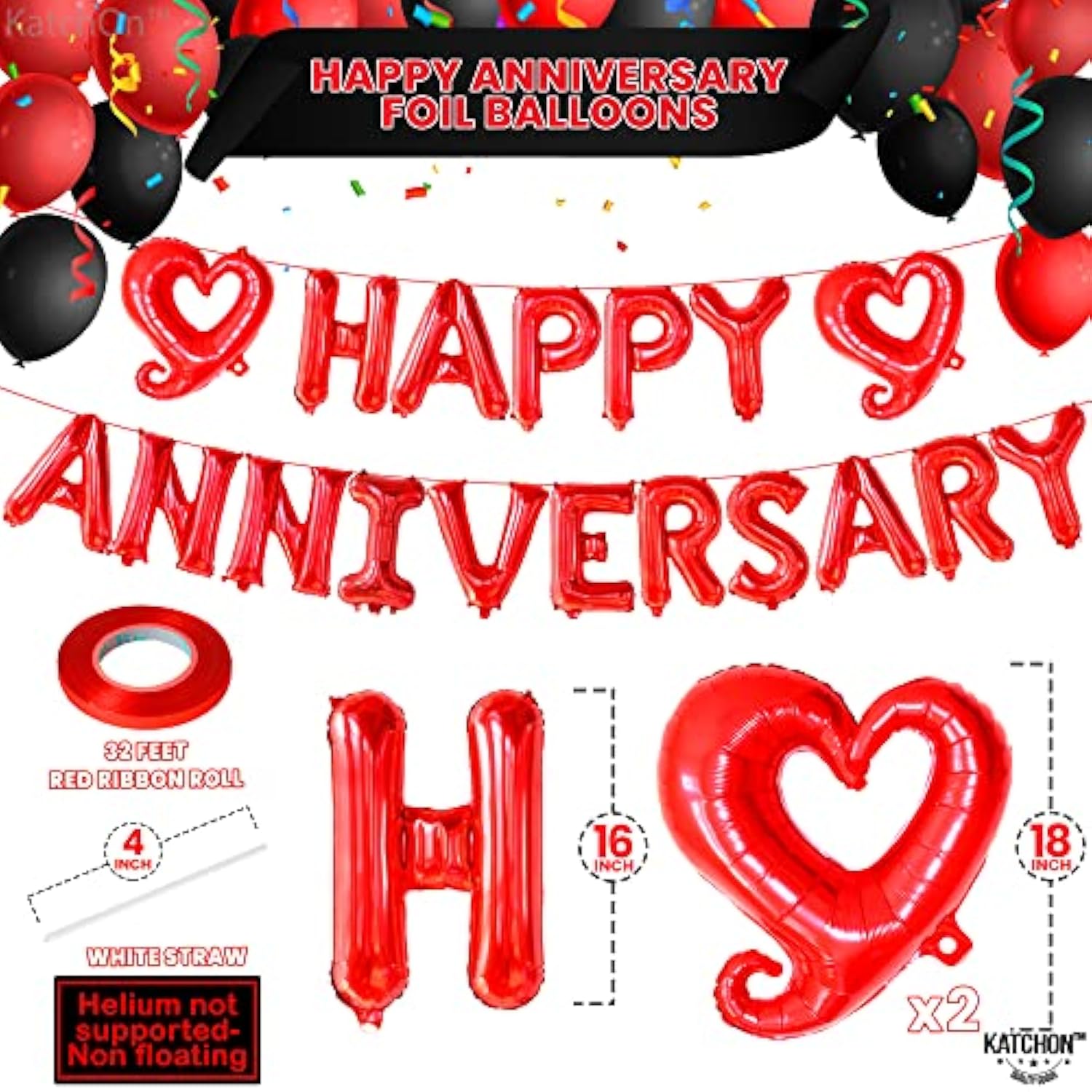 18 Inch Happy Anniversary Balloons Letters - Big Red Banner For Decorations | Heart Balloons For Party