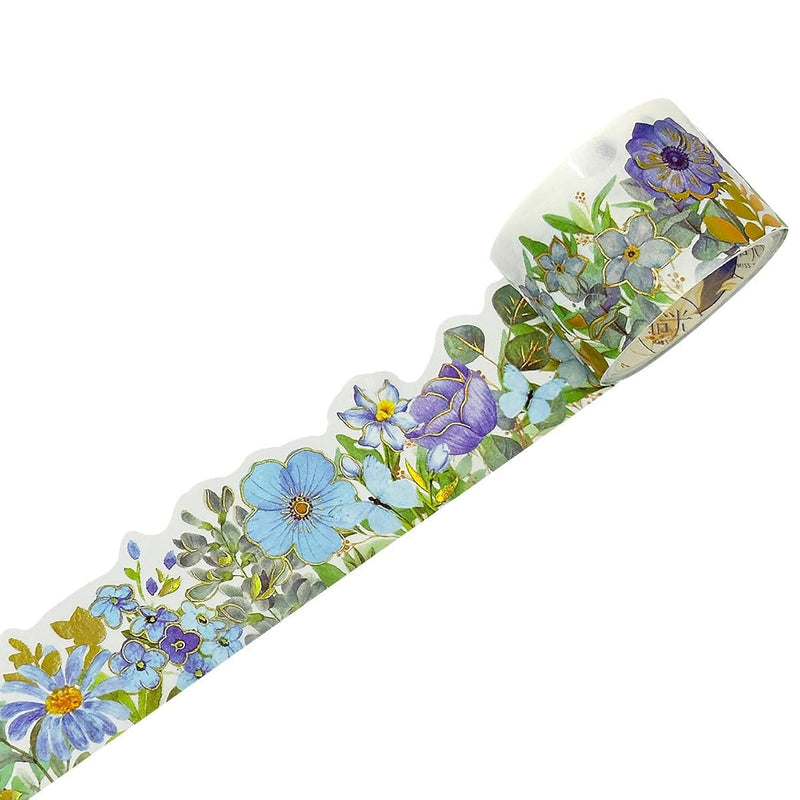 Landscape Floral Metallic Gold Foil Washi Tape, 30Mm X 3M, Petite Blue