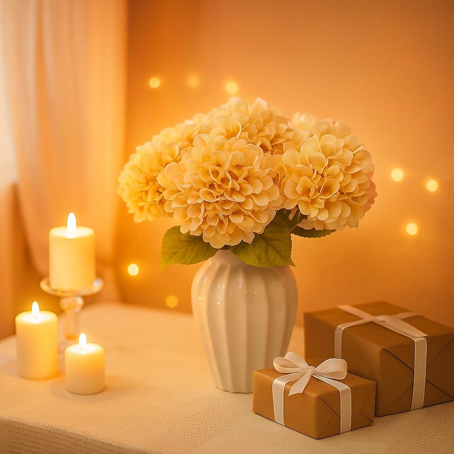 6Pcs Faux Fake Flowers Artificial Silk Hydrangea With Stems Bouquets Arrangement For Home Table Centerpieces (Beige)