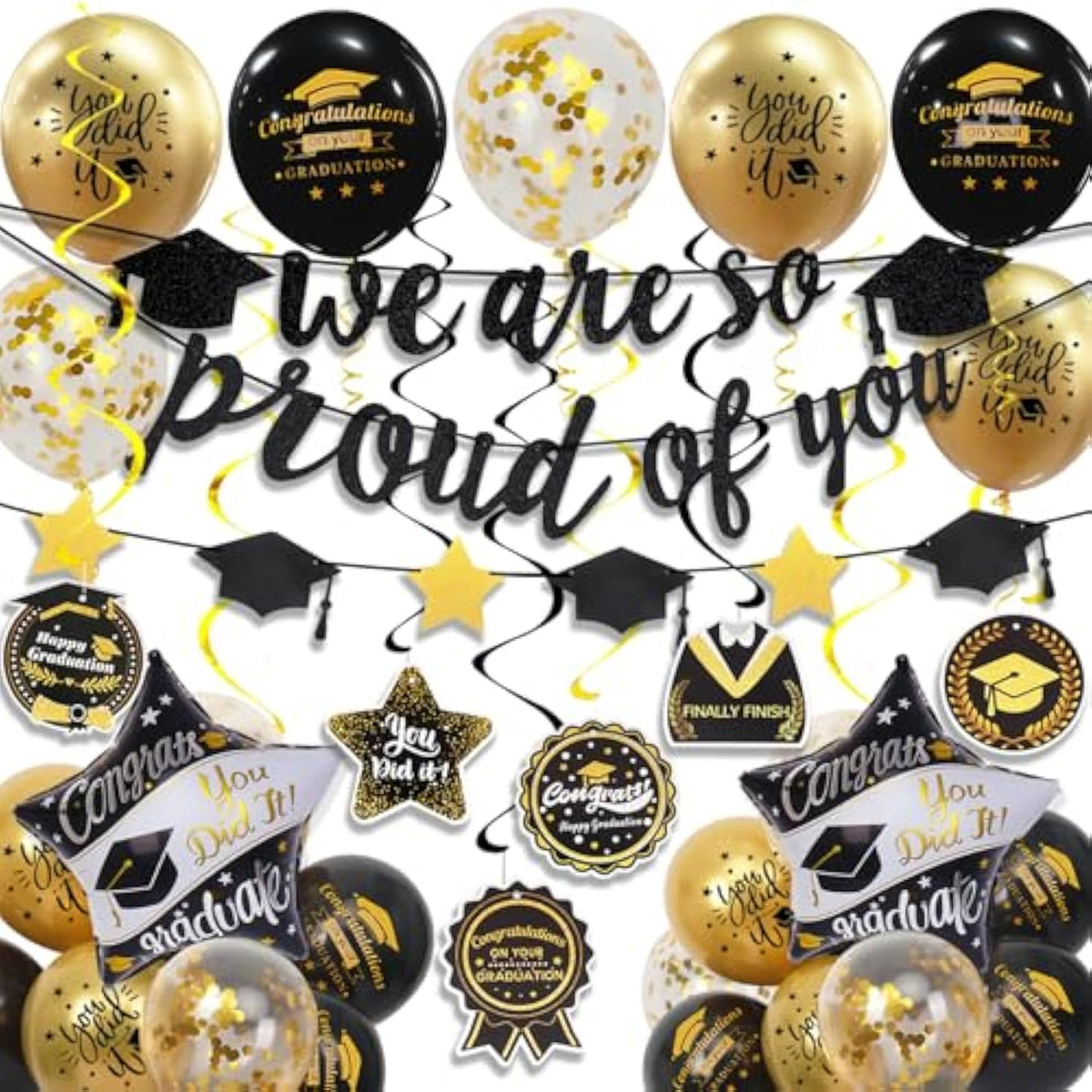 Graduation Decorations Class Of 2025, Black And Gold Graduation Balloons With Hanging Swirl, We Are So Proud Of You Banner, Congrats Grad Garland Party Supplies
