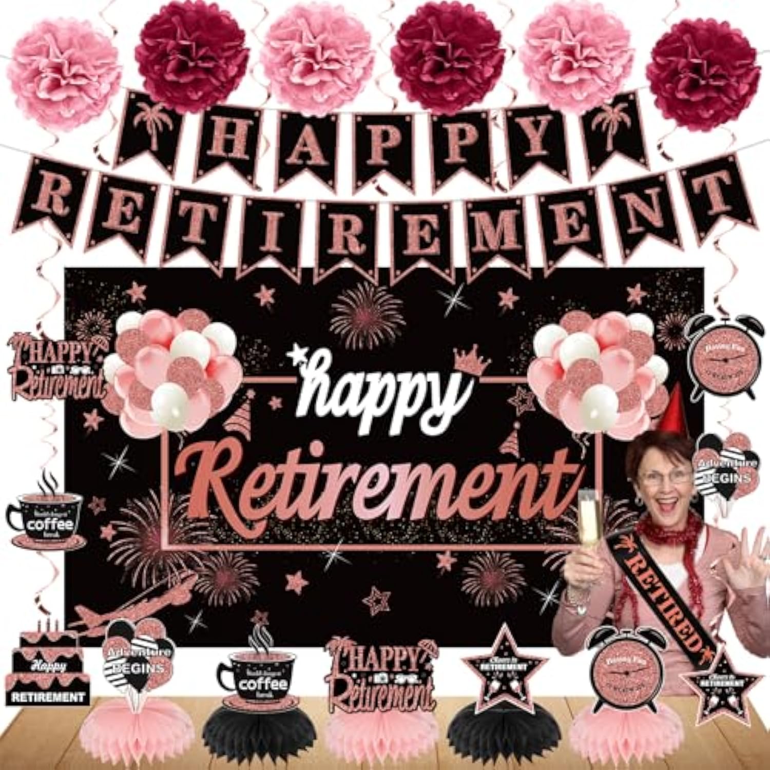 20Pcs Happy Retirement Party Decorations Kit For Women, Rose Gold Retirement Backdrop Balloons Honeycomb Centerpiece Swirl Paper Pompoms Party Supplies, Retired Sash Table Topper Swirls Set