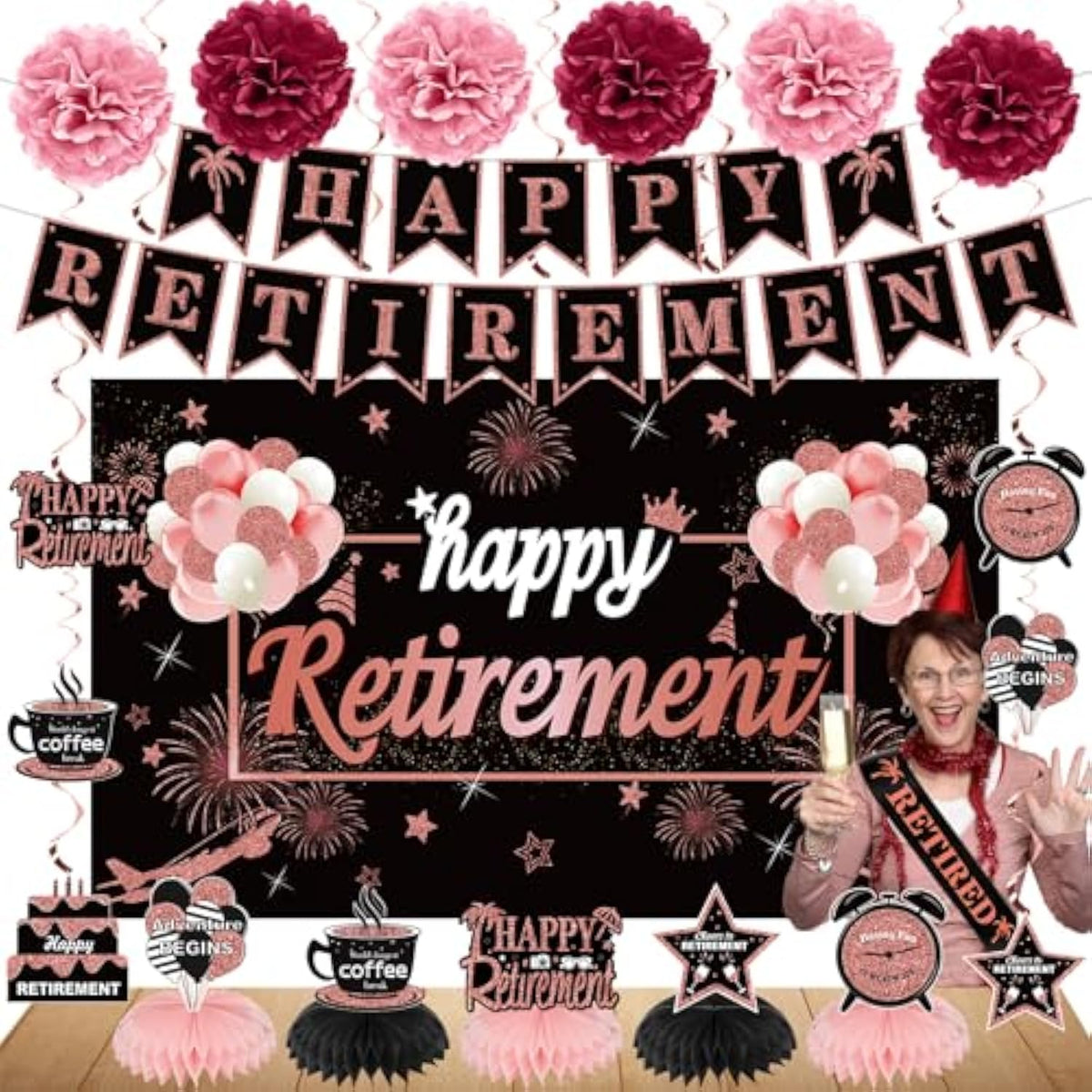 20Pcs Happy Retirement Party Decorations Kit For Women, Rose Gold Retirement Backdrop Balloons Honeycomb Centerpiece Swirl Paper Pompoms Party Supplies, Retired Sash Table Topper Swirls Set